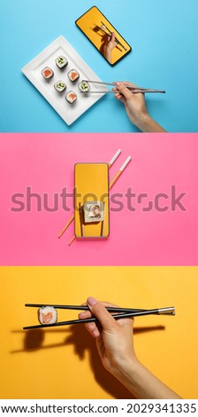 Collage of female hands with tasty sushi rolls and mobile phones on color background