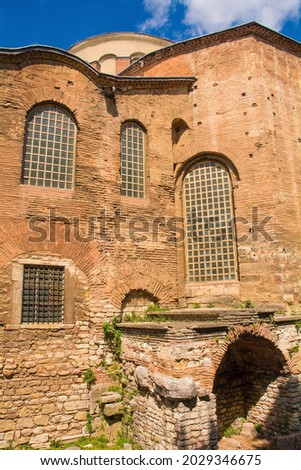 The exterior of the sixth century Hagia Eirene, also called Hagia Irene and Aya Irini, a Greek Eastern Orthodox church in Istanbul, Turkey Royalty-Free Stock Photo #2029346675