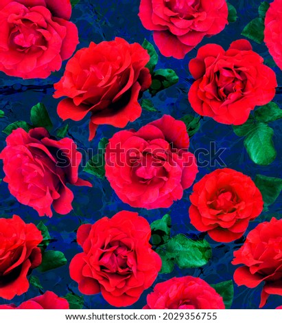 Abstract Real Roses and Leaves Seamless Pattern with Watercolor Tie Dye Marbling Batik Background 