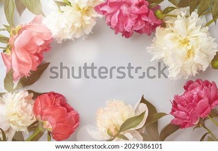 Beautiful red, pink and white peony flowers bouquet over pink background, toned image, top view, copy space, flat-lay. Valentines, Wedding and Mothers day background.