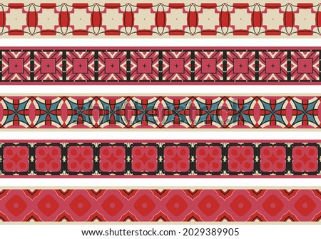 Set of five illustrated decorative borders made of abstract elements in beige, pink, red, blue and black