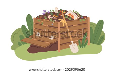 Compost box full of organic bio waste. Pile of natural fertilizer for agriculture. Decomposition and composting of biodegradable garbage. Flat vector illustration of humus isolated on white background Royalty-Free Stock Photo #2029395620