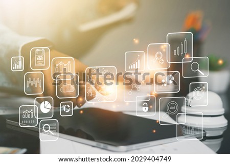 Businessmen use laptops to secure computers through touchscreen AI for digital business and cloud data processing management. Increase online business efficiency
 Royalty-Free Stock Photo #2029404749