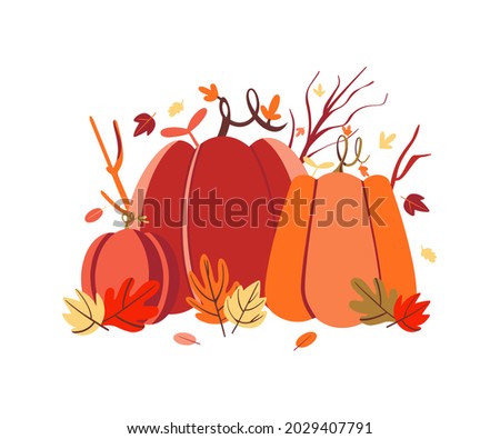 Autumn composition with pumpkins and leaves vector in flat style. Fall season harvest festival illustration for banner, poster. Thanksgiving day card design. Autumn print hand drawn.