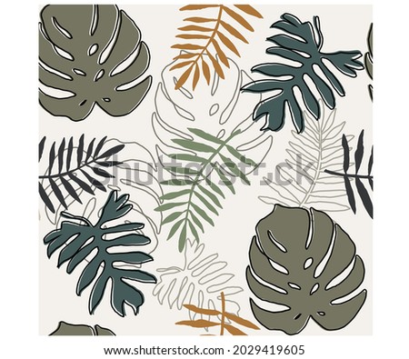 Tropical palm leaves seamless pattern beige background graphic design. Exotic jungle wallpaper artwork vector.