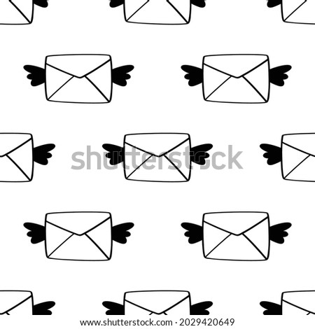 Vector seamless pattern with envelopes and hearts. Black and white love letters background.