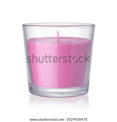 Front view of pink scented candle in glass holder isolated on white Royalty-Free Stock Photo #2029428470