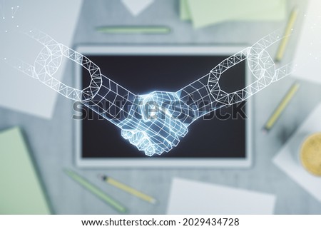 Creative concept of blockchain technology with handshake and modern digital tablet on background, top view. digital money transfers and decentralization concept. Multiexposure