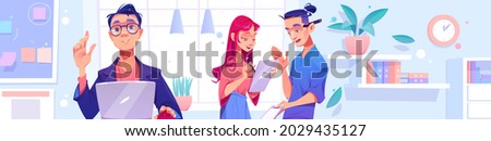 People work in office. Concept of teamwork, modern workspace, creative staff. Vector cartoon illustration of team job with man with laptop and employees talk together