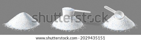 Detergent washing powder pile and measuring scoop, dose of dry soap with blue granules for cleaning linen in automatic machine, cleanser isolated on transparent background, Realistic 3d vector set Royalty-Free Stock Photo #2029435151