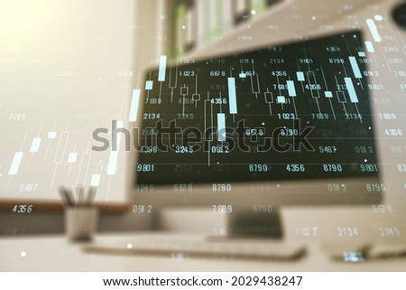 Multi exposure of abstract graphic data spreadsheet sketch and modern desktop with pc on background, analytics and analysis concept