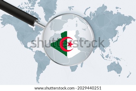 World map with a magnifying glass pointing at Algeria. Map of Algeria with the flag in the loop. Vector illustration.