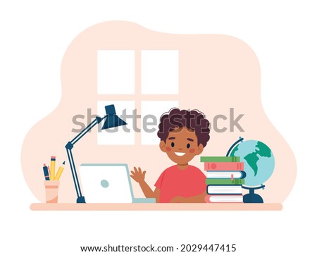 Boy studying with computer and books. Vector illustration concept in cartoon style