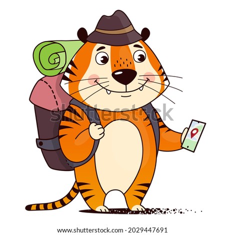 Cool cartoon tourist tiger with a backpack navigates with the smartphone. Symbol of 2022, year of the tiger. Vector illustration