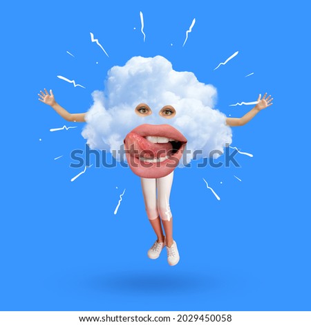 Lovely, amazing day. Modern design, contemporary art collage. Inspiration, idea, trendy urban magazine style. Big cloud with mouth, eyes, hands and legs on blue color background. Sunny weather
