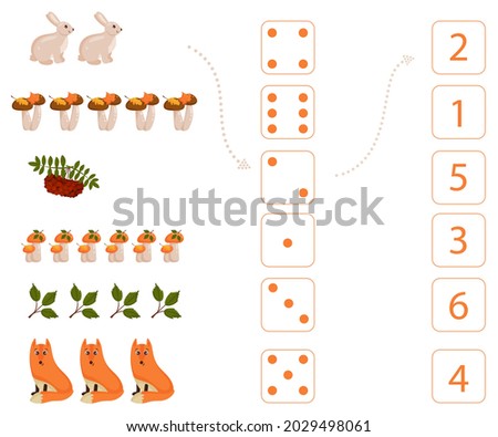 Worksheet for teaching mathematics and numeracy on the topic of autumn. For preschool children and kindergarten children who study numbers and counting. Vector illustration