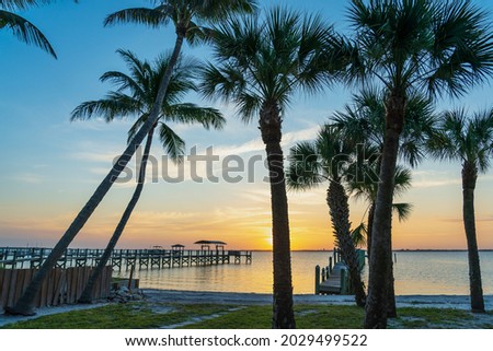 Coconut trees at sunset over calm water Indian River, Vero Beach, Florida