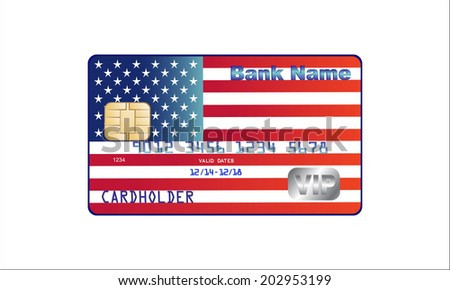 Credit card design with a flag of America over white background
