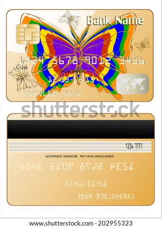 Realistic vector Credit Card with butterflies two sides