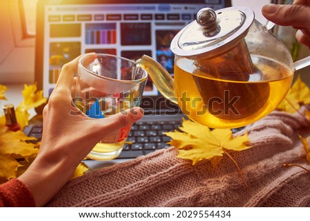 Warm teapot of of tea, scarf, yellow leaves, marshmallow and laptop. Autumn coziness. Cozy home, freelance, online studying, education, remote work concept. Top view. Copy space. High quality photo