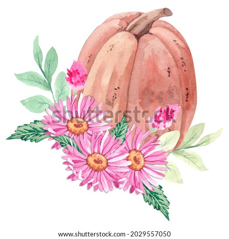 Pumpkin decorated with autumn flowers of chrysanthemums and asters with leaves and twigs made in watercolor
