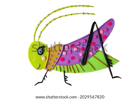 Cute grasshopper insect plasticine 3d effect. Handmade childish cartoon illustration cut out isolated on white background. Ideal for kid books, decoration, design concept.