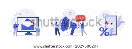 Social media promotion scenes. Characters using big loudspeaker to communicate with audience, sending advertising emails, offering sale and discount. Flat cartoon vector illustration and icons set.