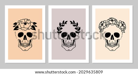 Set of human skulls with flower, laurel wreath. Beautiful collection of human skull portrait.Vector flat mystic vintage illustration. Design for poster, card, flyer, tarot