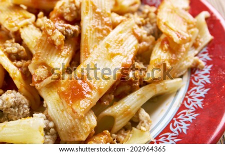 Penne pasta with a tomato bolognese beef sauce