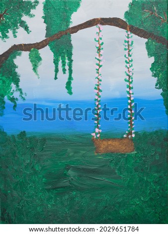 Color photo of acrylic painting painted on canvas, on the picture are trees and a brown swing