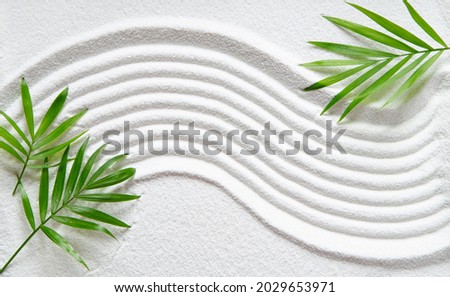 Zen pattern in white sand with palm leaves Royalty-Free Stock Photo #2029653971