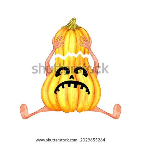 The yellow pumpkin takes off the head. Hand drawn watercolor painting. Illustration for Happy Halloween holiday on a white background.