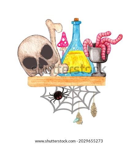 Wooden shelf with scary witch accessories in a spider web. Bones, skull and magic potion in bottles. Hand drawn watercolor illustration. Composition on a white background.
