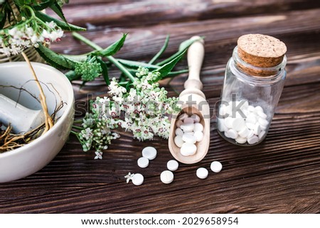 Valerian tablets with sedative properties. Pharmaceutical jar with pills on a wooden table. Cooking Valerian Root in a Mortar for Herbalism Elixirs. Soft focus Royalty-Free Stock Photo #2029658954