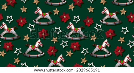 Christmas vector seamless pattern with toy horse and stars