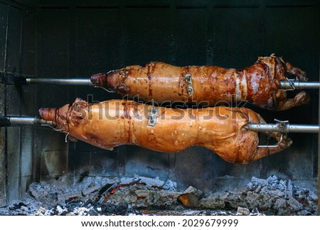 Pig roasted on a barbecue spit. Outdoor Barbecue grill a classic traditional open bbq pit. Steaks and meat cooked on a wood fire grill. . High quality photo Royalty-Free Stock Photo #2029679999