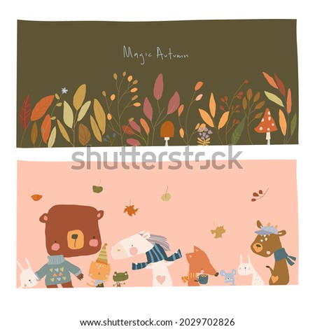 Cartoon Autumn Illustrations with Animals and Plants