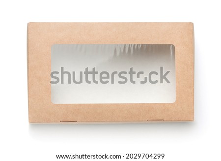 Top view of empty brown paper box with transparent window isolated on white Royalty-Free Stock Photo #2029704299