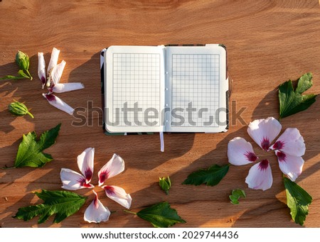 natural sunny background with pink hibiscus flowers with a notebook on wood, horizontal
 