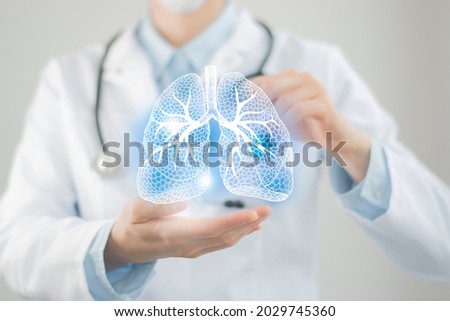 Female doctor holding virtual Lungs in hand. Handrawn human organ, copy space on right side, raw photo colors. Healthcare hospital service concept stock photo Royalty-Free Stock Photo #2029745360