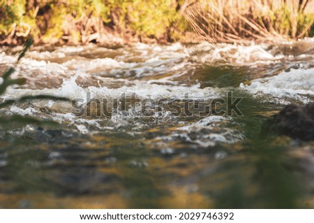 Rocky fast river. Running water, flowing with rapids, horizontal photo.