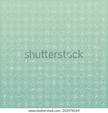 Set of 225 Minimal Modern White Thin Stroke Icons (Multimedia, Business, Ecology, Education, Family, Medical, Fitness) on Circular Buttons on Colored Background.