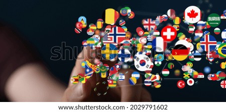A hand selecting from icons of different country flags