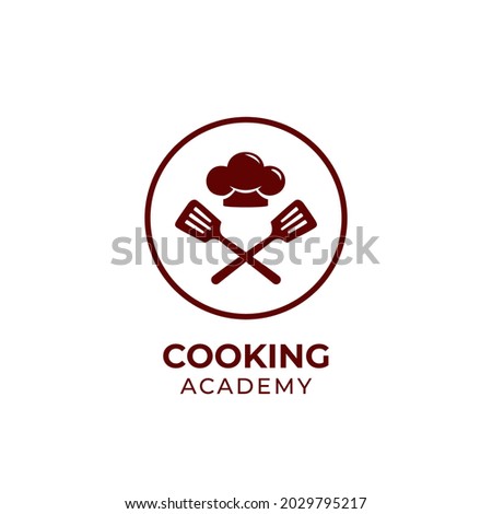 Cooking academy logo template, chef school course logo icon with spatula and chef hat