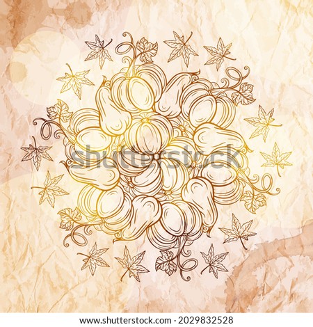 Black and white autumn motif on a grunge paper background. Pumpkins and autumn leaves decorative illustration