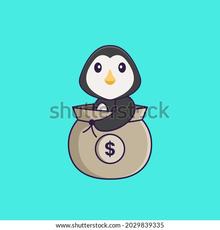 Cute penguin in a money bag. Animal cartoon concept isolated. Can used for t-shirt, greeting card, invitation card or mascot.