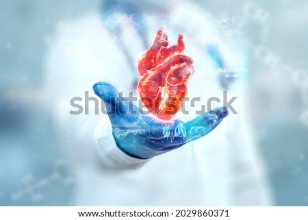 The doctor looks at the Heart hologram, checks the test result on the virtual interface, and analyzes the data. Heart disease, myocardial infarction, innovative technologies, medicine of the future Royalty-Free Stock Photo #2029860371