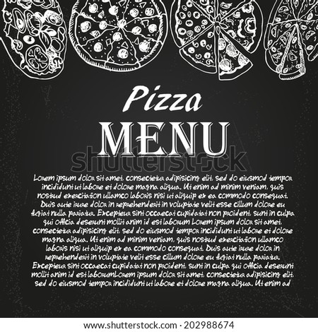 restaurant menu with pizza on the chalkboard