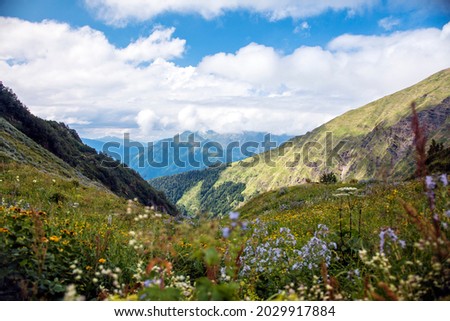 Green mountain Valley in the mountains of Sochi, Russia. Picturesque view, wild flowers. Clouds and blue sky. Krasnaya Polyana. Royalty-Free Stock Photo #2029917884