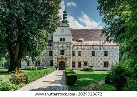 Chateau Doudleby nad Orlici,Czech Republic.Renaissance castle with graffito facade surrounded by English park.It was used as summer residence and hunting lodge.Sightseeing in Czech countryside. Royalty-Free Stock Photo #2029928672